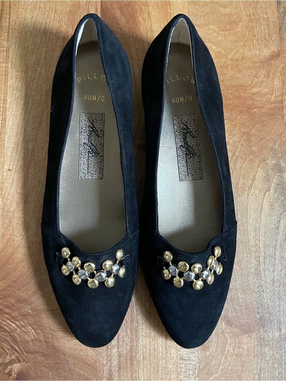 Vintage 80s Amalfi Black Suede Flats Wedge Gold Silver Ballet Made in Italy 7.5